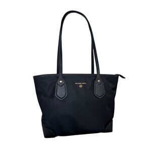 Michael Kors Black Nylon Tote Bag Saffiano Leather Trim Top Zip Shoulder Purse